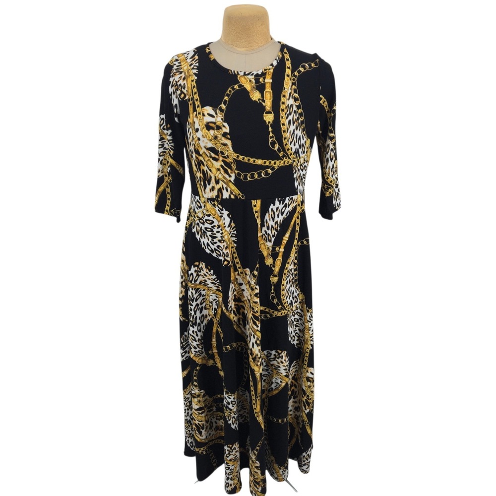 Avital Maxi Dress Women 2X Leopard Chain Print 3/4 Sleeve Black Gold Casual Chic